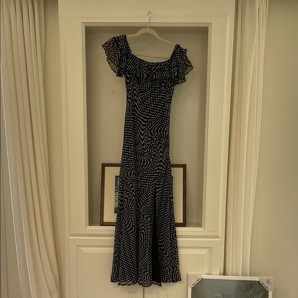 WAYF off the shoulder polka dot black long dress size Small